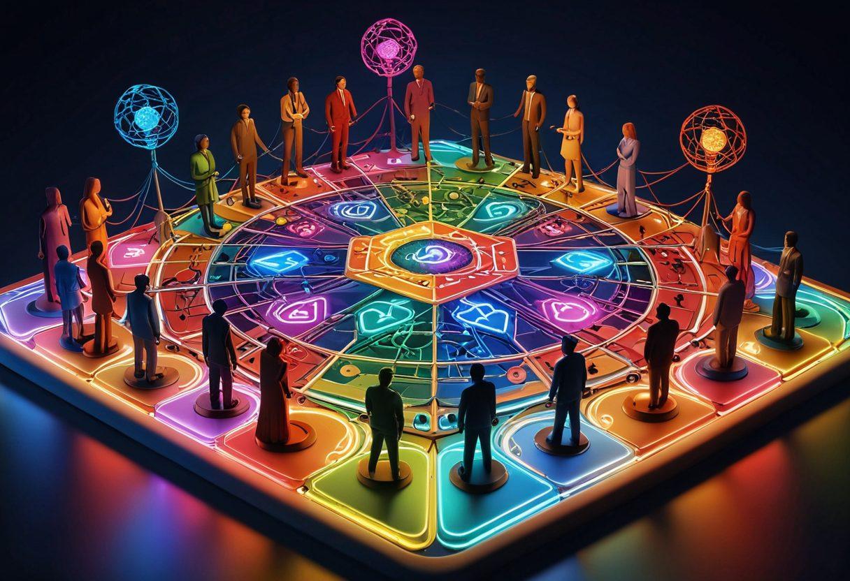 A lively virtual community scene with people from different cultures, each showcasing their love for a common interest via colorful Simon game boards. The scene includes global landmark symbols in the background, connecting through a network of glowing cables. vibrant colors. 3D.