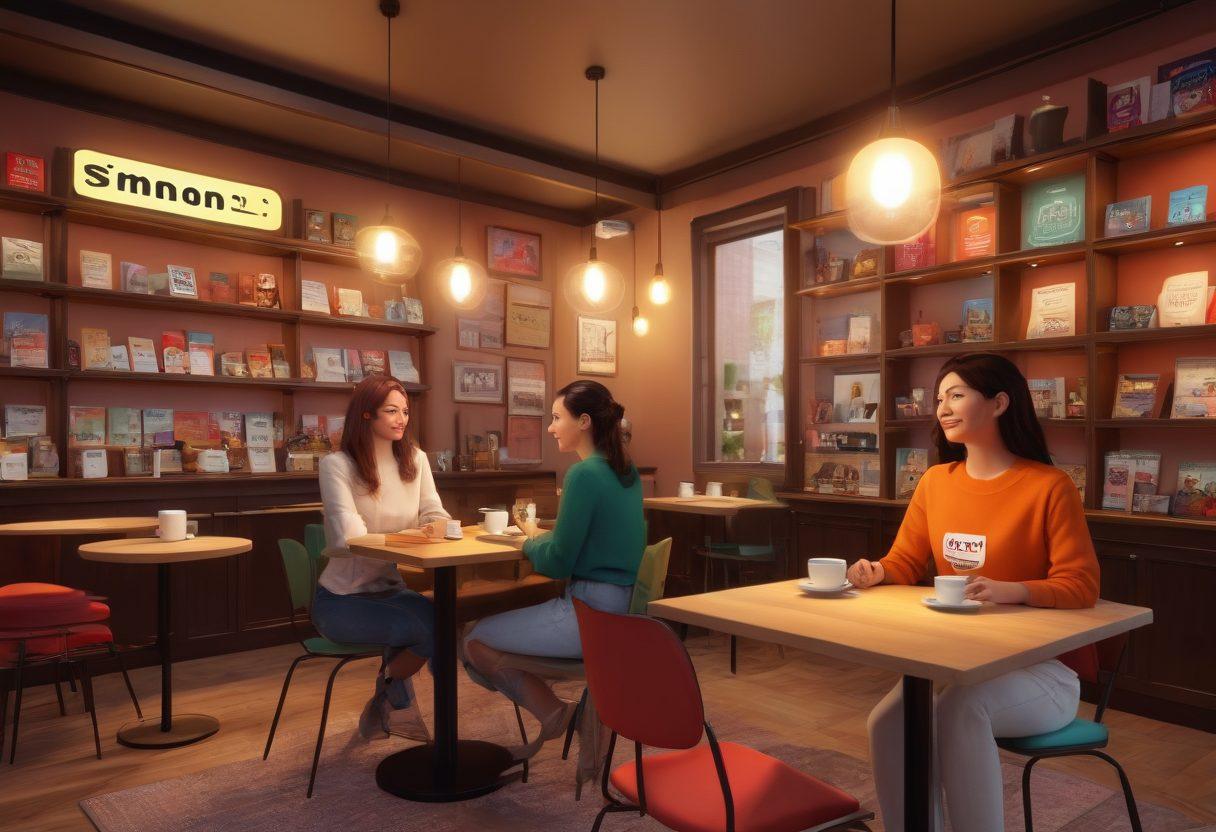 An engaging virtual cafe filled with avatars of people chatting enthusiastically, each wearing name tags that say 'Simon Admirer'. The scene captures a warm, inviting atmosphere with cozy lighting, bookshelves, and coffee cups on tables. Include speech bubbles with snippets of thoughtful dialogue. painting. vibrant colors. cozy ambiance.